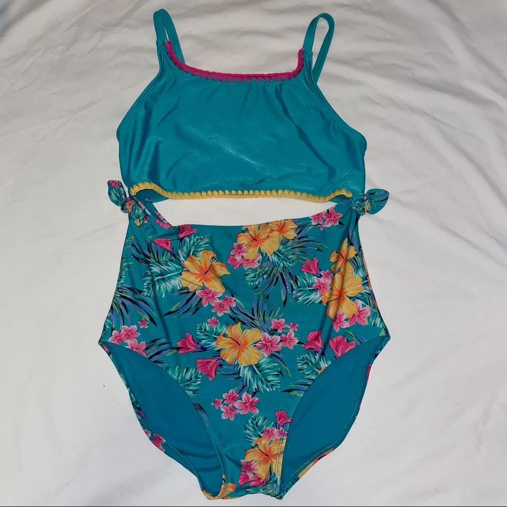 Art Class Teal Blue Pink Tropical Floral Hibiscus Cut Out Bathing Swim Suit